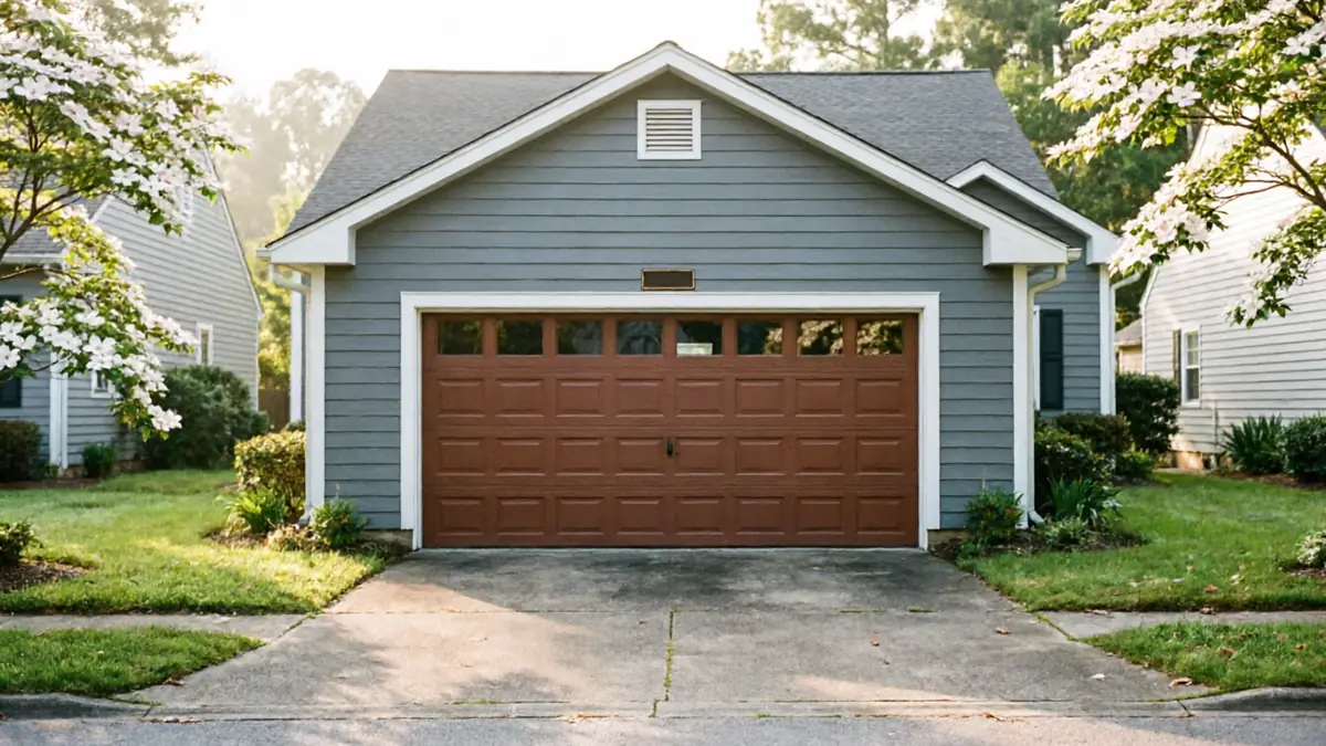 A brown garage door with windows on a gray house with a driveway.